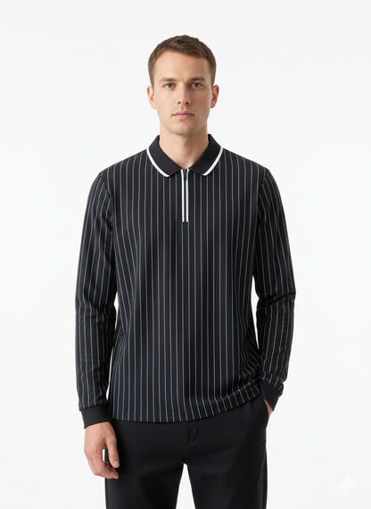 Men's Imported Brown Pinstripe Long Sleeve Quarter-Zip Polo Shirt