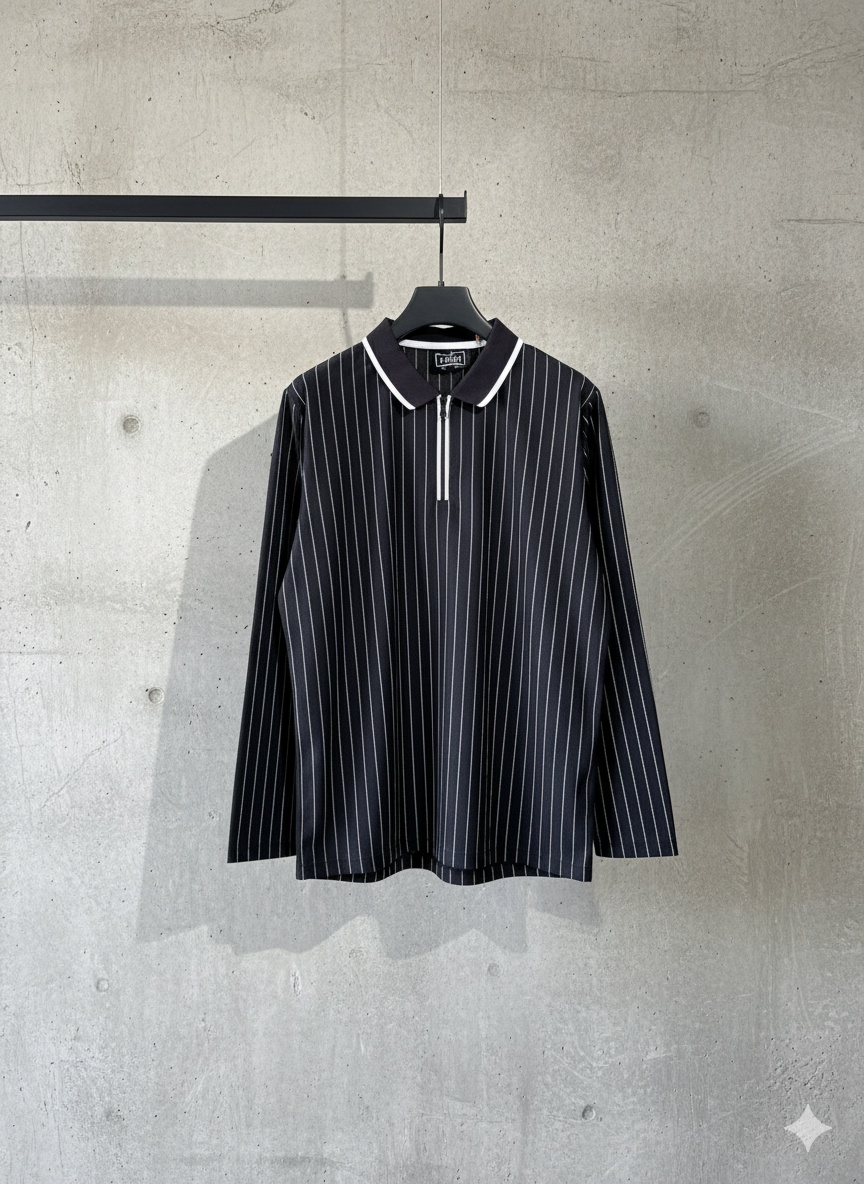 Men's Imported Brown Pinstripe Long Sleeve Quarter-Zip Polo Shirt