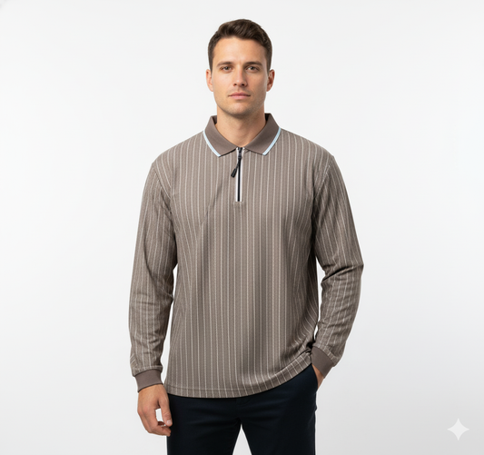 Men's Imported Brown Pinstripe Long Sleeve Quarter-Zip Polo Shirt